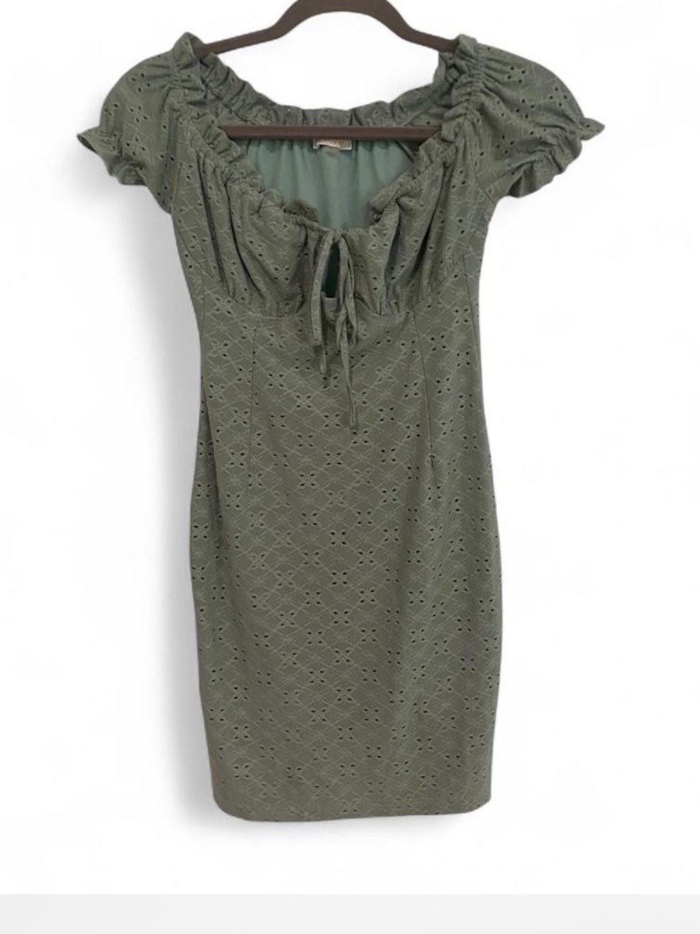 BLUSH SAGE GREEN COTTAGECORE EYELET MILKMAID MINI DRESS SHORT SLEEVES SMALL